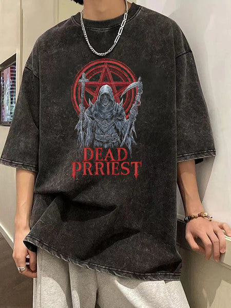 Men's Gothic Horror Graphic T-shirt Pentagram Dead Design Tees Washed Cotton Shirt For Concerts Casual Attire Oversized T Shirt
