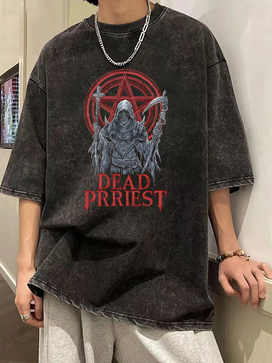 Men's Gothic Horror Graphic T-shirt Pentagram Dead Design Tees Washed Cotton Shirt For Concerts Casual Attire Oversized T Shirt