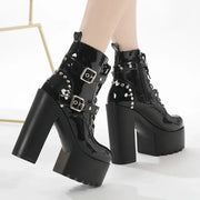 14CM Women Chunky Ankle Boots Leather cosplay Round Toe Platform Knight Boots Shoes High Heels Black White Thick Heel Lace Up