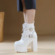 14CM Women Chunky Ankle Boots Leather cosplay Round Toe Platform Knight Boots Shoes High Heels Black White Thick Heel Lace Up