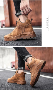 Men's High-top Boots in Solid Color Retro Style Fashionable Flat and Durable Handcrafted All-season Outdoor Work Boots