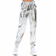 Women's Mid Waist Solid Colour Shiny Glossy Sweatpants Nine Minute Pants Fashion hip-hop trousers Disco Bottoms