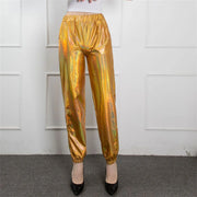 Women's Mid Waist Solid Colour Shiny Glossy Sweatpants Nine Minute Pants Fashion hip-hop trousers Disco Bottoms