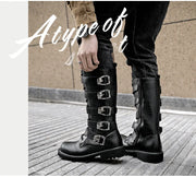 Men's Punk Gothic Biker Boots Tall Harness Buckle Side Zipper Riding Boots for Cosplay Costume Performance Comfortable Black