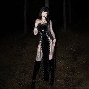 Goth Dark Punk Grunge Lace Up Maxi Dress 90s Streetwear Gown Women Sexy Bandage Velvet Dresses Y2k New Harajuku Gothic Clothing