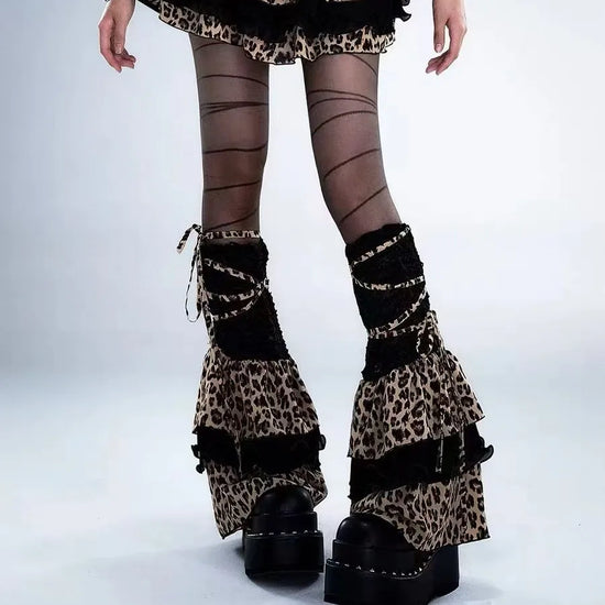 Gothic Leopard Print Lace-up Leggings Leg Warmers Punk Stocking Calf Socks Sexy Party Long Spliced Leggings Women's Socks