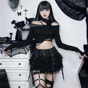 Black Women Punk High Waisted Goth Skirt Sexy Pleated Mini Skirt with Chain E Girl Lace-Up Tie PU Leather Corset Y2K Crop Tops