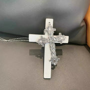 Gothic Punk Large Wood Cross Pendant Necklace Y2k 3D Relief Flower Metal Cross Double Pendant Necklace Jewelry Gifts Accessories