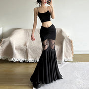 Gothic Mermaid Trumpet Skirt for Women Darkwear Sexy Hollow Out High Waist Slim Fit Fishtail Half Skirt Female Patchwork