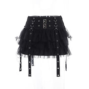 Black Women Punk High Waisted Goth Skirt Sexy Pleated Mini Skirt with Chain E Girl Lace-Up Tie PU Leather Corset Y2K Crop Tops