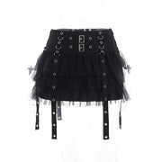 Black Women Punk High Waisted Goth Skirt Sexy Pleated Mini Skirt with Chain E Girl Lace-Up Tie PU Leather Corset Y2K Crop Tops
