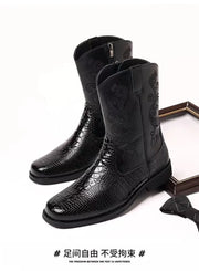 Classic Men's Boots British Retro Riding Boots Man Embossed Leather Embroidery Knight Boots Mid-Calf Style Casual Shoes Man New