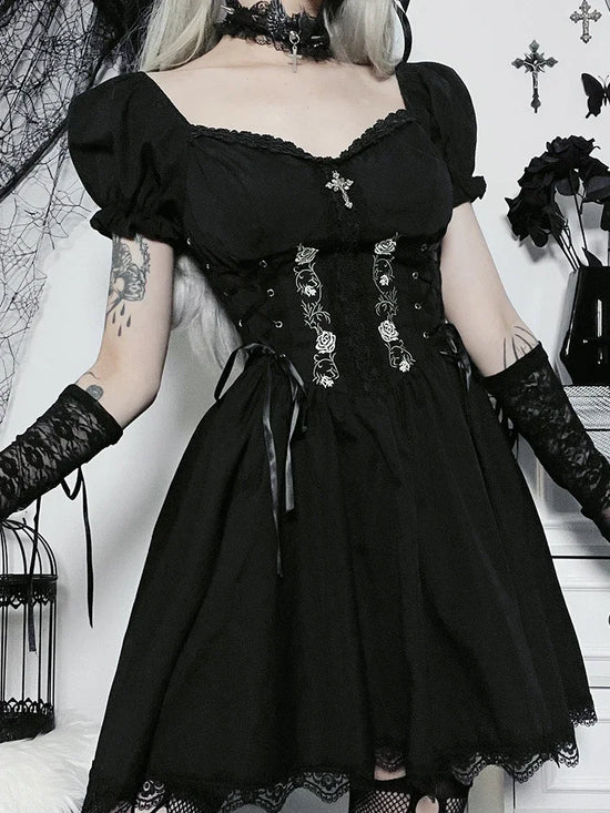Streetwear Gothic Princess Dress Women Vintage Harajuku Lace Up Cross Dark Corset Dress 2024 Y2k Partywear Lolita Dress Female