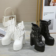 14CM Women Chunky Ankle Boots Leather cosplay Round Toe Platform Knight Boots Shoes High Heels Black White Thick Heel Lace Up