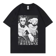 A gothic T-shirt for women featuring Dobby the House Elf DJ with funny expressions designed to be fashionable and loose-fitting