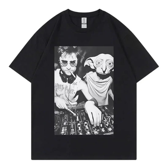A gothic T-shirt for women featuring Dobby the House Elf DJ with funny expressions designed to be fashionable and loose-fitting
