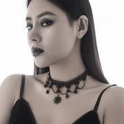 Gothic Retro Court Oval-shaped Hollowed-out Lacework Pendant Black Water Drop Bead Tassel Flower Lace Necklace for Women Jewelry