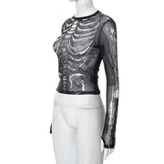 Gothic Punk Shirt 2000s Women Skeleton Pattern Round Neck Long Sleeve Crop Top Black Dark Academia Clothes y2k Tees Streetwear
