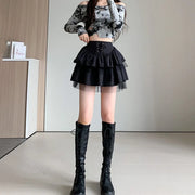 Korean Fashion High Waist Cake Skirts Women Sexy Gothic Punk Black Y2K Skirts Female Lace-Up Students Ruffles A-Line Skirt