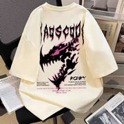 Men's Loose T-shirt with Gothic Back Print Pattern, Black and White Soft Round Neck, Street Style Casual Short-sleeved