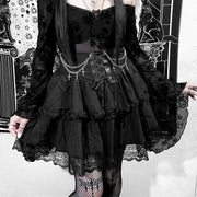 Gothic Skirt Sexy Cute Black Mini Women Drawstring Folds High Waist Irregular Ruffle Patchwork Fairycore Short Skirts Mori Girl