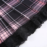 Goth Skirts Summer Y2K Woman Skirts Pink Stripe Plaid Lace Trim Pleated School Plaid Skirt Ladies Aesthetic Tie Up Jupe Femme
