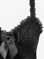 ROSEGAL Gothic Corset Black Spider Web Flocking Applique Lace Trim Bowknot Lace-up Back Corset Tops For Ladies