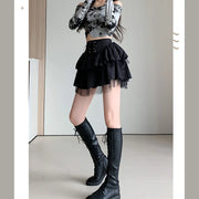 Korean Fashion High Waist Cake Skirts Women Sexy Gothic Punk Black Y2K Skirts Female Lace-Up Students Ruffles A-Line Skirt