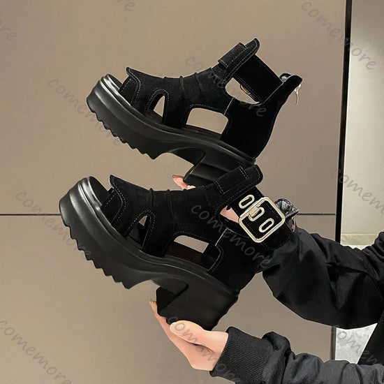 Comemore Gothic Platform Sandals Women Summer Wedges Peep Toe Gladiator Shoes Woman Thick Bottom 8cm High Heels Sandalias Mujer