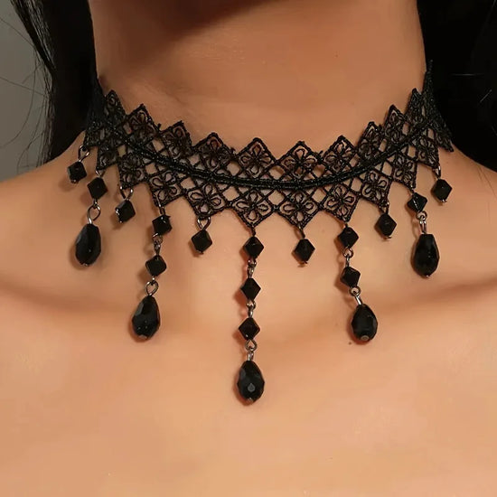 Gothic Dark Lace Choker Necklace Trend Artificial Crystal Bead Tassel Pendant Clavicle Necklace Women's Y2K Party Stage Jewelry