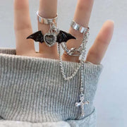 Gothic Black Bat Wing Cross Chain Rings Y2K Kpop Dark Crystal Heart Zircon Cross Ring Goth Grunge Egirl Irregular Double Rings