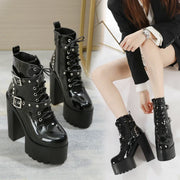 14CM Women Chunky Ankle Boots Leather cosplay Round Toe Platform Knight Boots Shoes High Heels Black White Thick Heel Lace Up