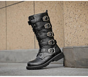 Men's Punk Gothic Biker Boots Tall Harness Buckle Side Zipper Riding Boots for Cosplay Costume Performance Comfortable Black