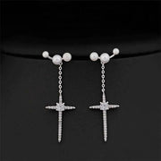Gothic Cross Pearl Dangle Earrings for Women Elegant Tassels Sparkling Zircon Rhinestone Romantic Ear Accessorie Fashion Jewelry