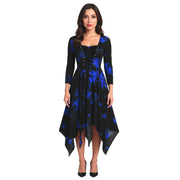 Gothic Tie-dye Dress Lace Up Long Sleeve Drree For Women Polyester Fabric Irregular Hem Performance Dress Halloween Costumes