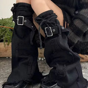 Harajuku Gothic Lolita Cross Spliced Black Flared Leg Warmers Denim Boots Cover Women Grunge Y2k Girl Leggings Knee-Long Socks