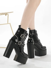 14CM Women Chunky Ankle Boots Leather cosplay Round Toe Platform Knight Boots Shoes High Heels Black White Thick Heel Lace Up