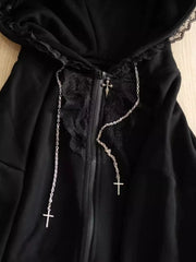 Gothic Subculture Black Lace Loose Hoodie Women's Autumn Aesthetic Lovely Long Sleeve Hooded Coat Casual Warm Winter Overcoat
