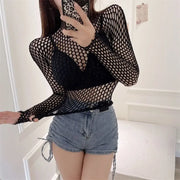 Gothic Sexy Black Fishnet Mesh See Through T-Shirt Women Skinny Goth Hollow Out Long Sleeve Shirts Crop Top Tee Shirt Streetwear