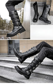 Men's Punk Gothic Biker Boots Tall Harness Buckle Side Zipper Riding Boots for Cosplay Costume Performance Comfortable Black