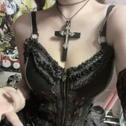 Gothic Punk Large Wood Cross Pendant Necklace Y2k 3D Relief Flower Metal Cross Double Pendant Necklace Jewelry Gifts Accessories