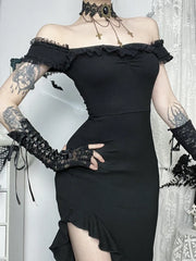 AltGoth Coquette Sexy Elegant Dress Women Gothic Dark Aesthetic Fairycore Grunge Off-the-shoulder Lace Patchwork Party Dresses
