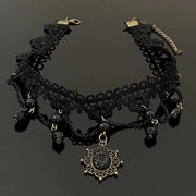 Gothic Punk Sexy Lace Black Crystal Pendent Necklace for Women Teens Girls Beads Flower Collar Necklace Rock Jewelry Gifts Party