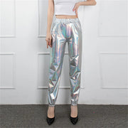 Women's Mid Waist Solid Colour Shiny Glossy Sweatpants Nine Minute Pants Fashion hip-hop trousers Disco Bottoms