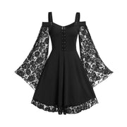 Gothic Punk Girls Midi Dress Sexy Lace Patchwork Long Flare Sleeve Dress Women Harajuku Cold Shoulder Strappy Halloween Sundress