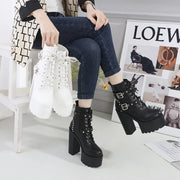 14CM Women Chunky Ankle Boots Leather cosplay Round Toe Platform Knight Boots Shoes High Heels Black White Thick Heel Lace Up