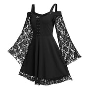 Gothic Punk Girls Midi Dress Sexy Lace Patchwork Long Flare Sleeve Dress Women Harajuku Cold Shoulder Strappy Halloween Sundress