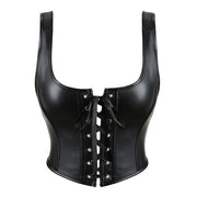 Women Gothic Corset Top Crop Bustier with Straps Faux Leather Push Up Bodice Sexy Party Short Camis Streetwear