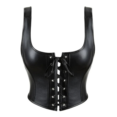 Women Gothic Corset Top Crop Bustier with Straps Faux Leather Push Up Bodice Sexy Party Short Camis Streetwear