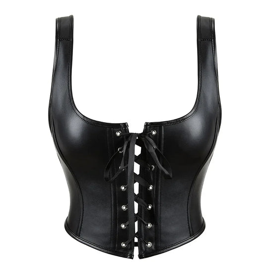Women Gothic Corset Top Crop Bustier with Straps Faux Leather Push Up Bodice Sexy Party Short Camis Streetwear